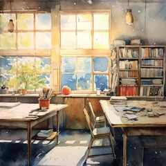 Retro still life school books, great design for any purposes. Student education concept. School teacher table