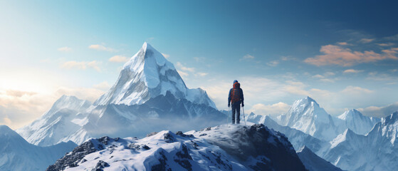Hiker on the top of snowy mountain