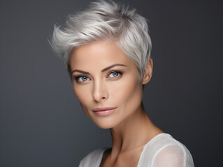 Beautiful and confident Caucasian woman in her 40s with naturally grey fine short pixie hairstyle. Concept of natural and positive ageing. Golden age beauty.