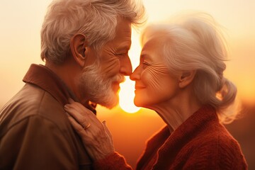 Elderly senior couple kissing at sunset - obrazy, fototapety, plakaty