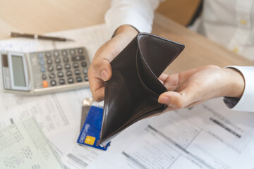 Stressed, Problem people asian man, male holding and open an empty wallet not have money, credit...