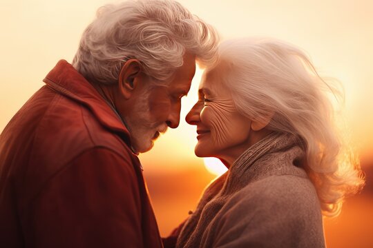 Elderly senior couple kissing at sunset