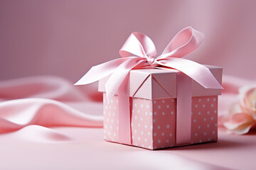 Obraz premium Romantic Pink Polka Dot Gift Box on Pale Pink Background: Perfect for Birthdays, Anniversaries, and Sentimental Greetings. created with Generative AI