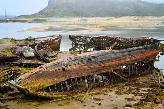 Cemetery of old ships Teriberka Murmansk Russia, wooden remains of industrial fishing boats in sea. Industrialization concept.