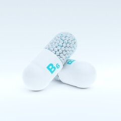 Vitamin B6 With White, Turqoise Capsule, Granules and Whtie Background