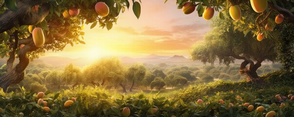 Mango farm gardening,tree cultivation with tropical fruits, sunset panorama. Generative Ai.