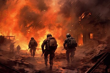 Fototapeta premium Soldiers at ruined town watercolor illustration - Generative AI.