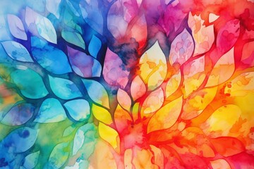 A vibrant and colorful painting of leaves on a clean white canvas