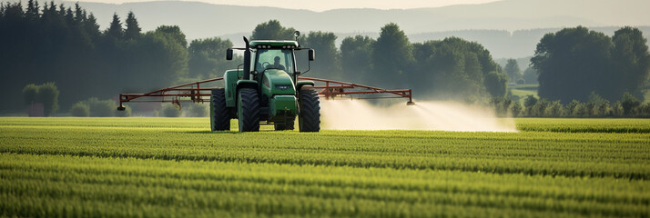 Tractor spraying pesticides fertilizer on soybean crops farm field in spring evening. Smart Farming Technology and Sustainable Advanced Agriculture Practices. Generative AI. - obrazy, fototapety, plakaty