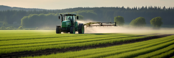 Tractor spraying pesticides fertilizer on soybean crops farm field in spring evening. Smart Farming Technology and Sustainable Advanced Agriculture Practices. Generative AI.
