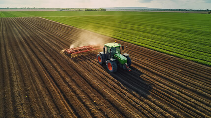 Tractor cultivating field at spring aerial view. Generative AI.