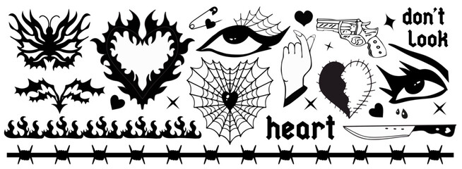Y2k 2000s black grunge emo goth aesthetic stickers, tattoo art elements and slogan. Punk rock gloomy set. Gothic concept of creepy love. Vector illustration