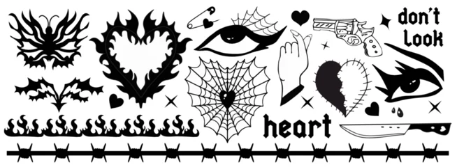Keuken foto achterwand Grunge vlinders Y2k 2000s black grunge emo goth aesthetic stickers, tattoo art elements and slogan. Punk rock gloomy set. Gothic concept of creepy love. Vector illustration