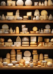 Assortment of luxury cheese wheels on a shelf. Generative Ai.