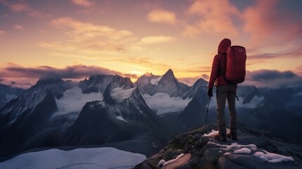 Fototapeta premium Mountaineer admiring the beautiful sunset in the mountains