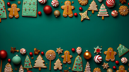 Image of cute cookies and other Christmas ornaments lined up.