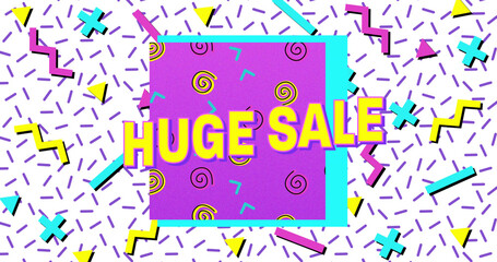 Composite of huge sale text over retro vibrant pattern background