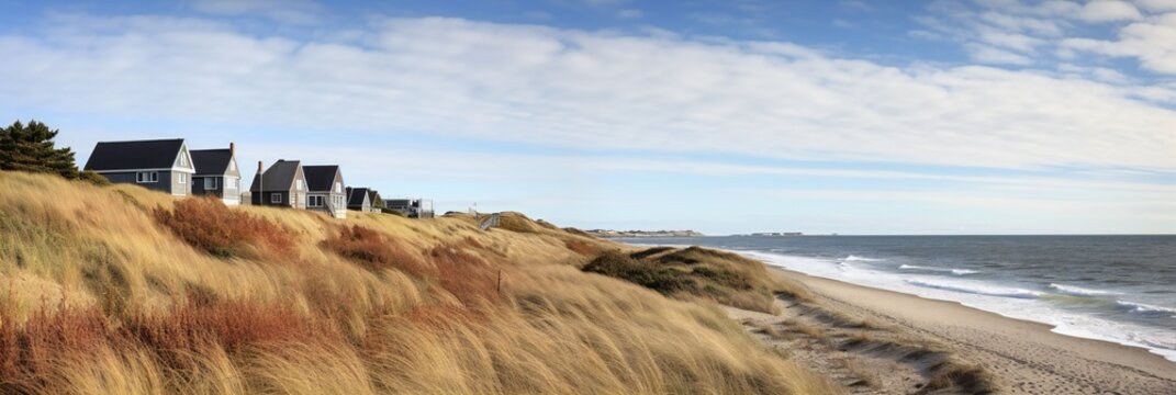 Panoramic Autumn Landscape With Beach Cottages On Nantucket, wide screen panoramic orientation
