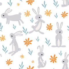 Field wild flowers, herbs and rabbits seamless pattern. Botanical background with cute hares. Baby print with bunny characters for textile, packaging, design, vector illustration
