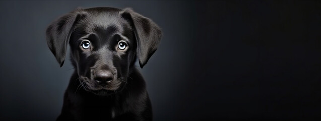 Portrait of black cute puppy dog looking at camera on black background with copy space