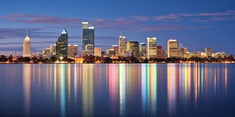 Skyline of downtown Perth Australia at dusk with the sunset