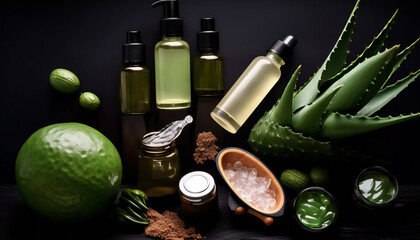 Aloe Vera care products mock-up on flatly dark background