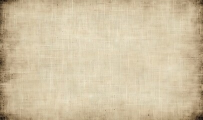 Grunge empty fabric background frame with vignette border. Dirty distressed sepia tone vintage 8k 16:9 weathered old linen, burlap or canvas texture. Retro overlay template backdrop 3D, Generative AI