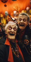Two elderly men disguised as vampires are having a happy time at a Halloween party