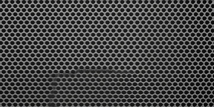 Seamless perforated metal dot grid pattern. Metallic industrial steel grate with punched holes transparent background texture overlay or displacement, bump or height map. 3D rendering, Generative AI