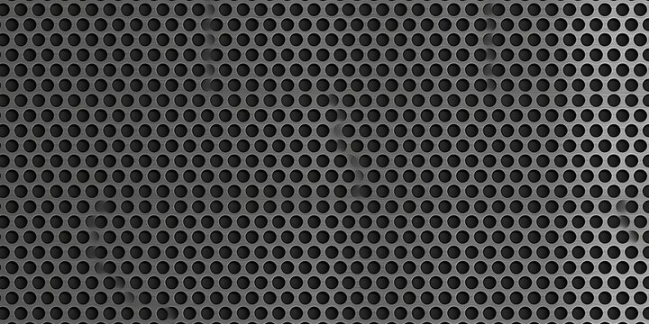Seamless perforated metal dot grid pattern. Metallic industrial steel grate with punched holes transparent background texture overlay or displacement, bump or height map. 3D rendering, Generative AI