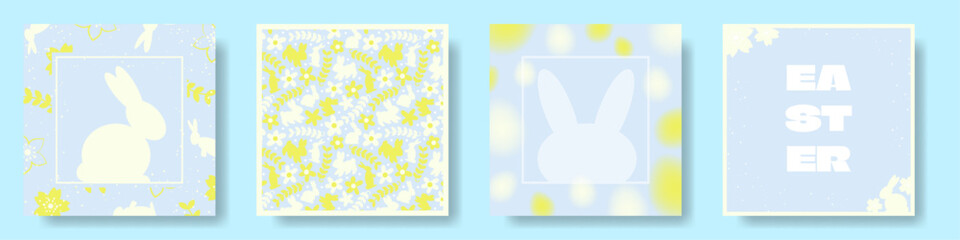 Floral Easter Social Media Poster Backgrounds. Easter Bunny and flowers. Floral spring greeting cards. Spring templates. Easter poster layouts. Editable Vector Illustration. EPS 10.
