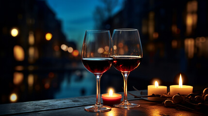 two pairs of glasses of red wine, lights and candles in the background.