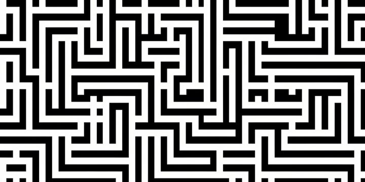 Seamless black and white abstract maze line pattern. Geometric tileable monochrome labyrinth background texture. Puzzle, challenge, decision, confusion or game concept backdrop. 3D, Generative AI