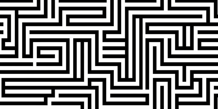 Seamless black and white abstract maze line pattern. Geometric tileable monochrome labyrinth background texture. Puzzle, challenge, decision, confusion or game concept backdrop. 3D, Generative AI