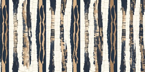 Seamless abstract african safari zebra and tiger stripes kintsugi background pattern. Contemporary geometric tribal vertical pin stripe motif ripped fabric collage in navy, beige, brown, Generative AI - obrazy, fototapety, plakaty