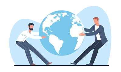 Concept of competition for title of world leader, two people tugging planet earth. Men and country confrontation. opposition views, fight, conflict or war. Vector cartoon flat illustration
