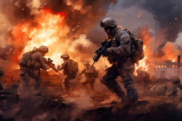 Soldiers in camouflage watercolor illustration - Generative AI.