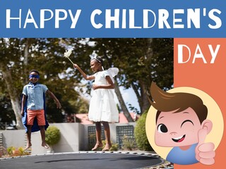 Composition of happy children's day text and afrcian american children in party costumes