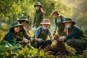 Team of young and diversity volunteer in cleaning up garbage and waste separation project ,Generative AI