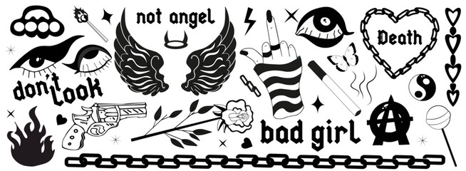 Y2k 2000s black grunge emo goth aesthetic stickers, tattoo art elements and slogan. Punk rock gloomy set. Gothic concept of creepy love. Vector illustration - obrazy, fototapety, plakaty