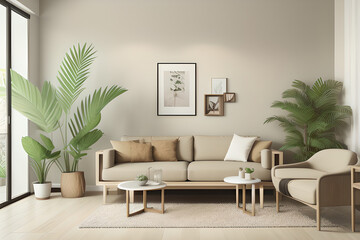 horizontal frame in modern living room interior with beige wall, gray and wooden furniture and tropical plants with palm leaves, 3d rendering