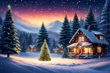 Winterwunderland. Wundersch&ouml;n beleuchtete H&auml;user im Weihnachtszauber. 