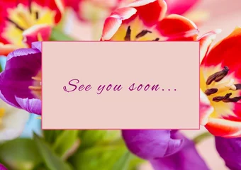  Composite of see you soon text in rectangle shape over colourful fresh flowers, copy space © vectorfusionart