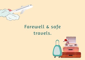 Illustration of farewell and safe travels text with airplane and luggage on peach background