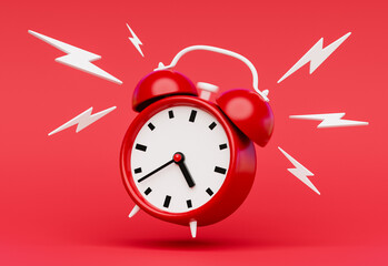 Ringing red alarm clock on red background. 3d rendering of a clock sounding loud alarm
