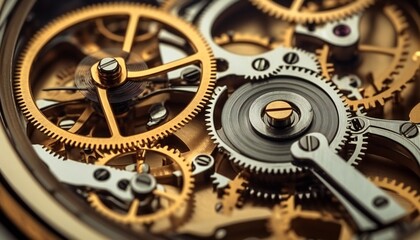 Gears and cogs in clockwork watch mechanism close up macro