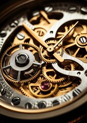 Gears and cogs in clockwork watch mechanism close up macro