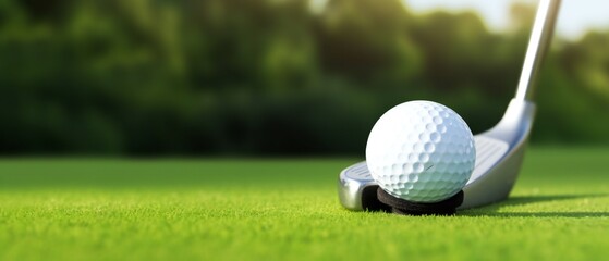 Golf ball and golf club with fairway green background