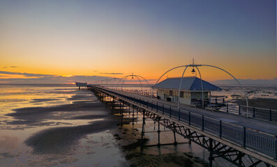 Southport, Merseyside, UK, July 24, 2023; Aerial view of Southport Pier with Stunning Sunset, Southport Merseyside