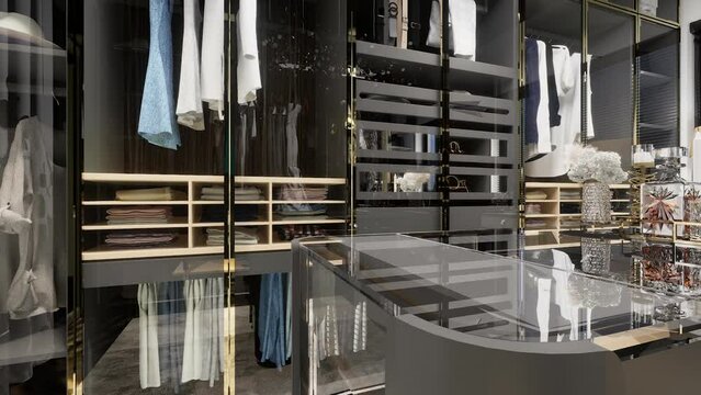 The interior design of a luxury Walk-in closet in a house or apartment. 3D video.
